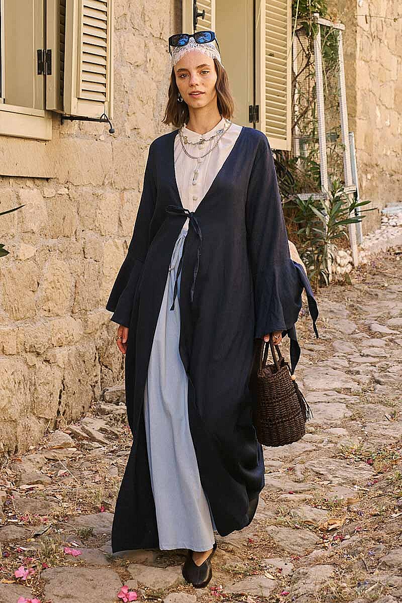 Kolları Volanlı Keten Abaya Lacivert - 2