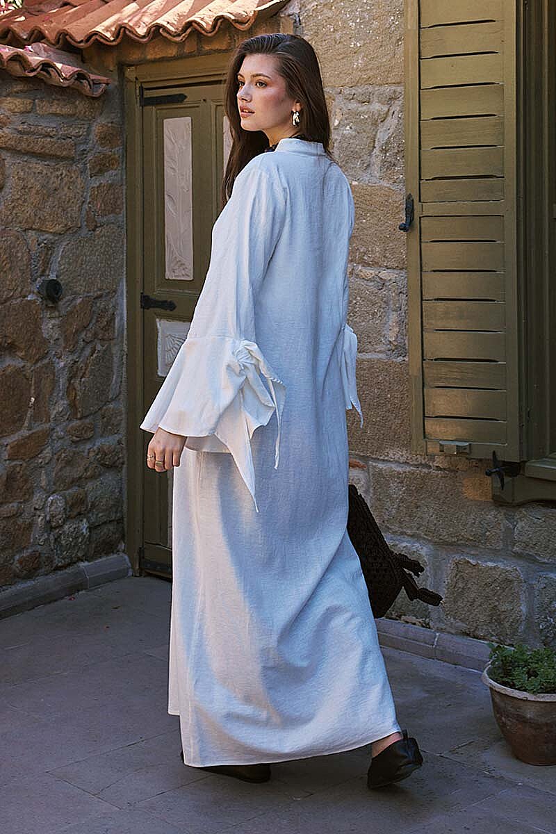 Kolları Volanlı Keten Abaya Taş - 6