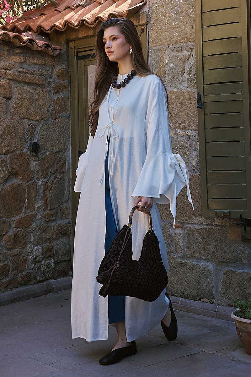 Kolları Volanlı Keten Abaya Taş 