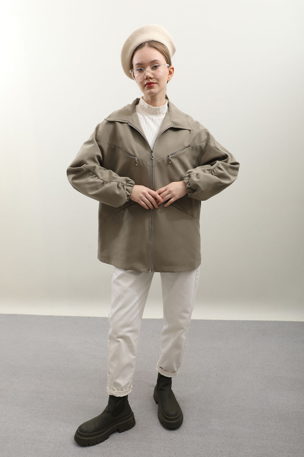 Kolu Büzgülü Kısa Trenç Açık Yeşil - 5