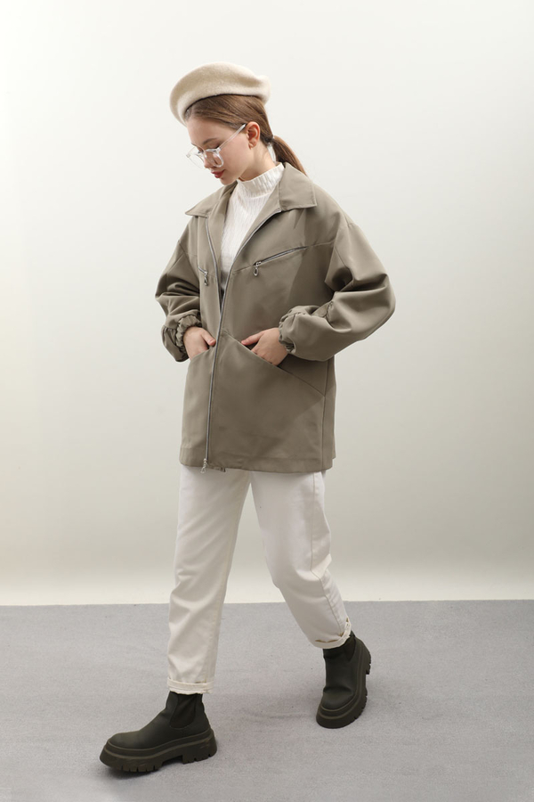 Kolu Büzgülü Kısa Trenç Açık Yeşil - 2