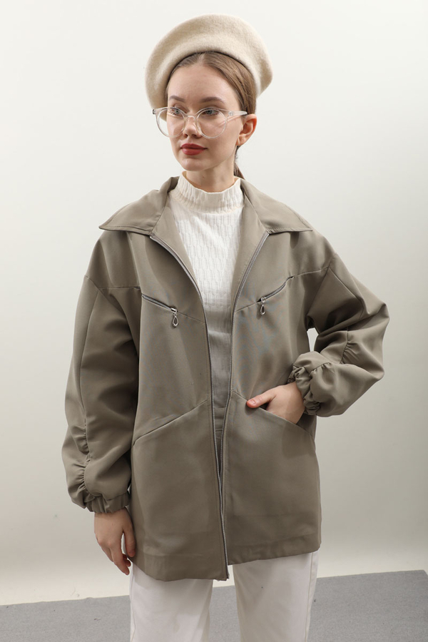 Kolu Büzgülü Kısa Trenç Açık Yeşil - 3