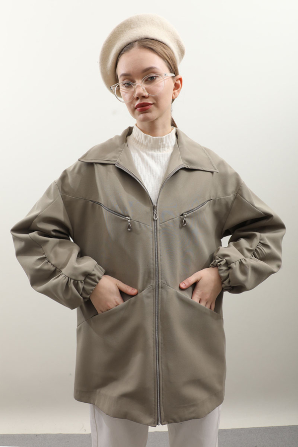 Kolu Büzgülü Kısa Trenç Açık Yeşil - 7