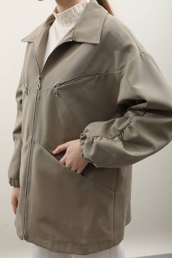 Kolu Büzgülü Kısa Trenç Açık Yeşil - 8