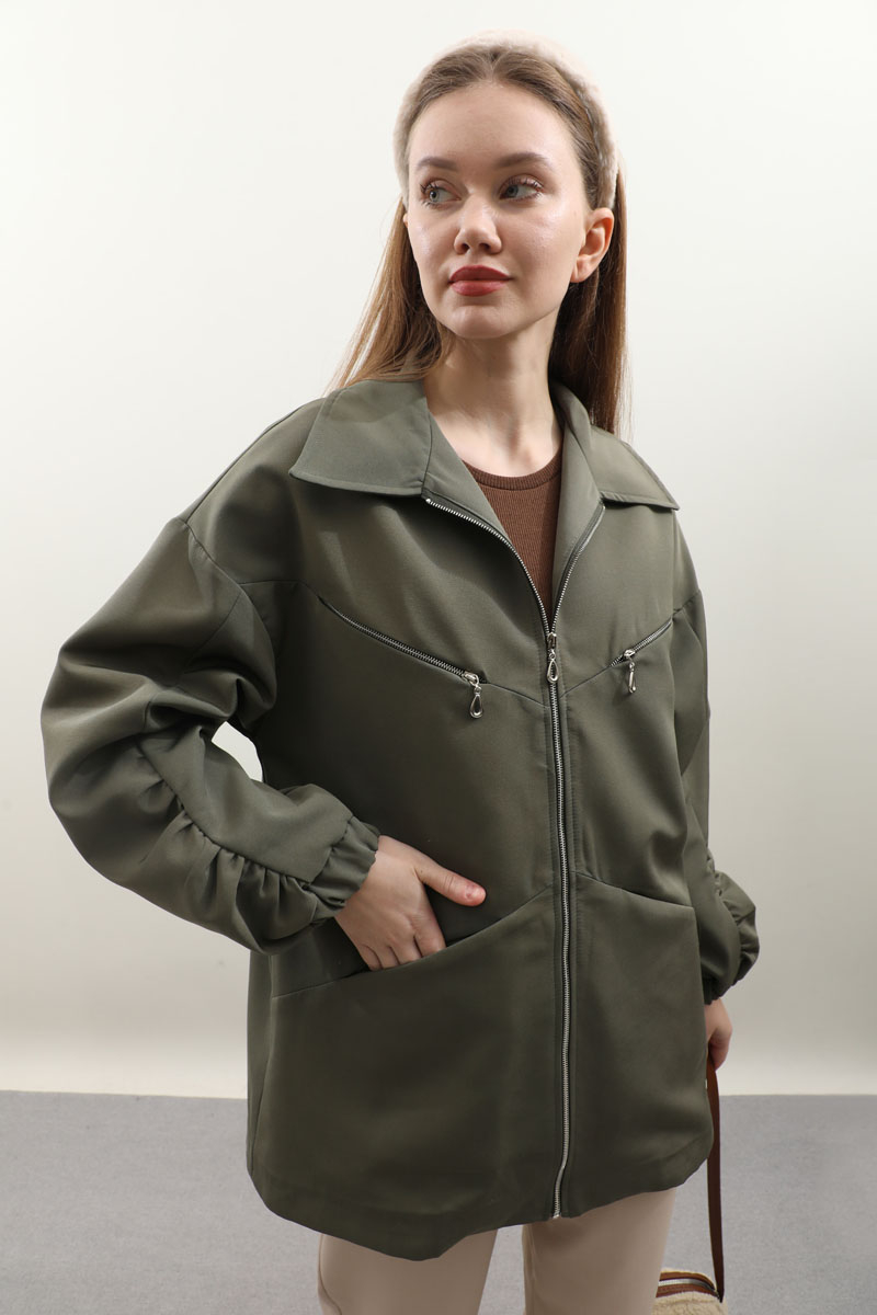 Kolu Büzgülü Kısa Trenç Haki