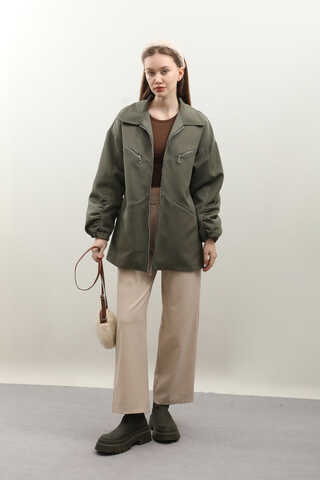 Kolu Büzgülü Kısa Trenç Haki - 2