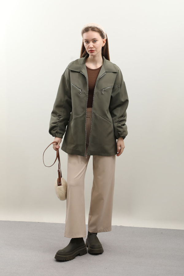 Kolu Büzgülü Kısa Trenç Haki - 2