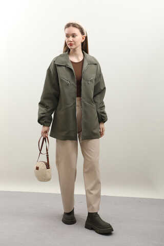 Kolu Büzgülü Kısa Trenç Haki - 3