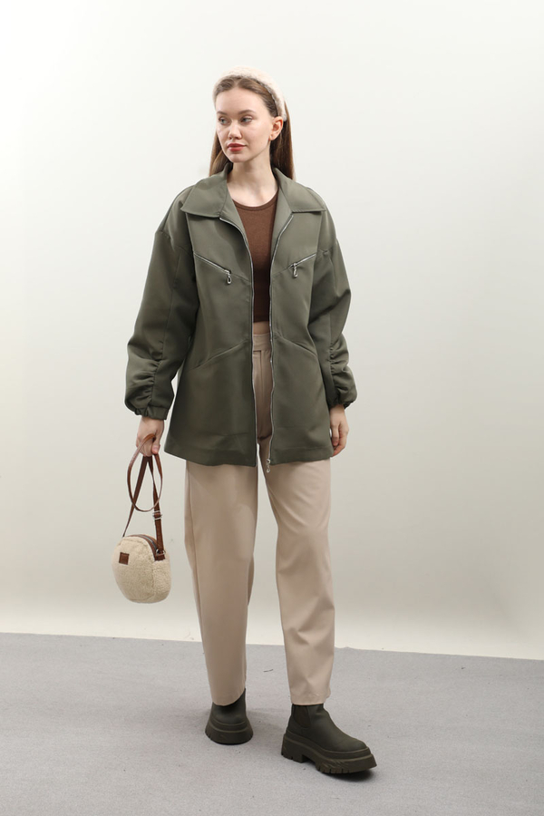 Kolu Büzgülü Kısa Trenç Haki - 3