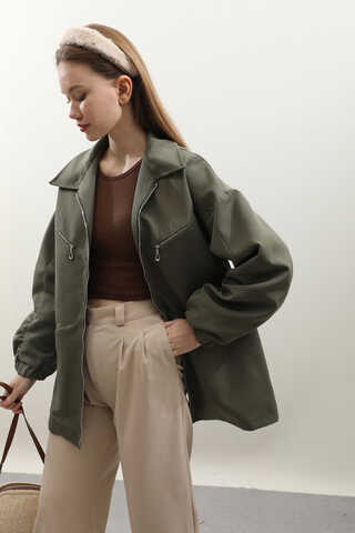 Kolu Büzgülü Kısa Trenç Haki - 4