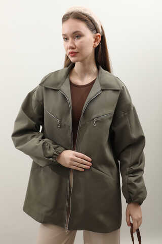 Kolu Büzgülü Kısa Trenç Haki - 5