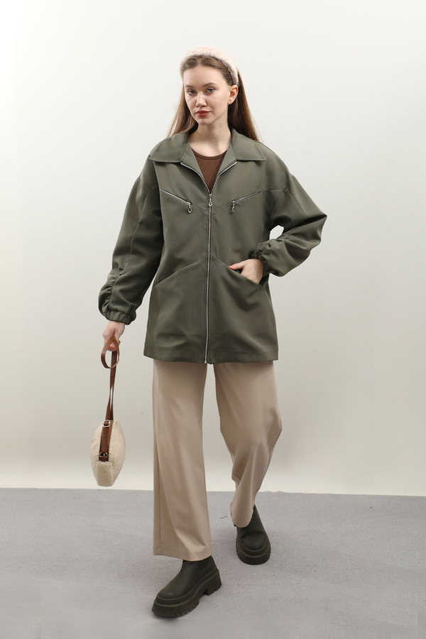 Kolu Büzgülü Kısa Trenç Haki - 6