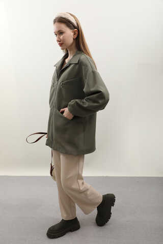 Kolu Büzgülü Kısa Trenç Haki - 7