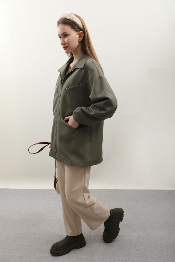 Kolu Büzgülü Kısa Trenç Haki - 7