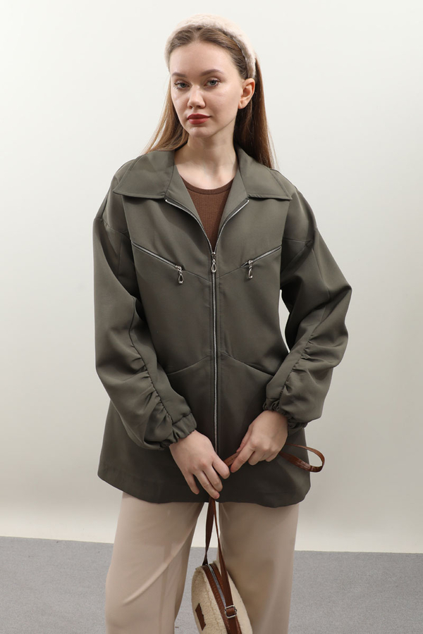 Kolu Büzgülü Kısa Trenç Haki - 8