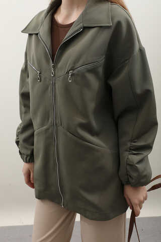 Kolu Büzgülü Kısa Trenç Haki - 9