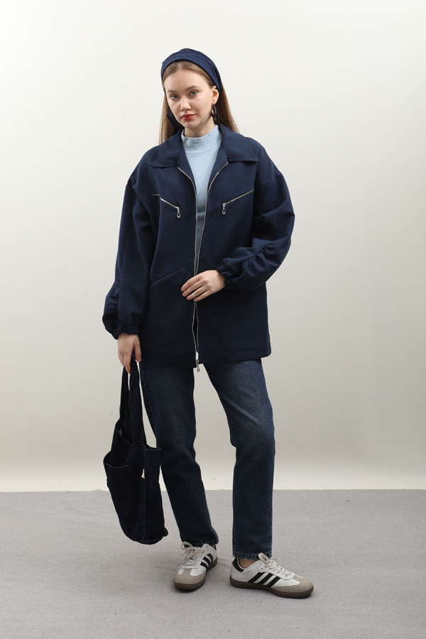 Kolu Büzgülü Kısa Trenç Lacivert - 2