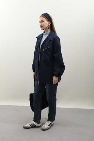 Kolu Büzgülü Kısa Trenç Lacivert - 3