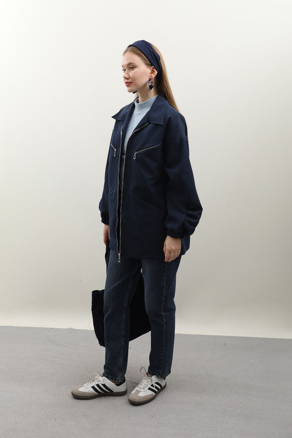 Kolu Büzgülü Kısa Trenç Lacivert - 3