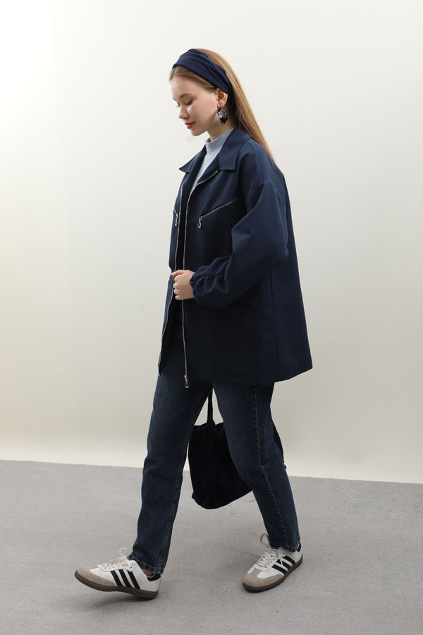 Kolu Büzgülü Kısa Trenç Lacivert - 4