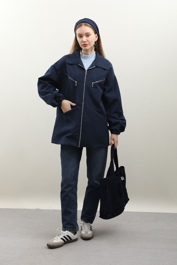 Kolu Büzgülü Kısa Trenç Lacivert - 5