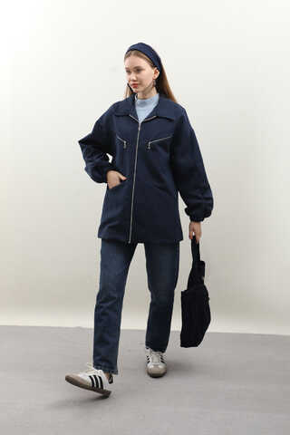 Kolu Büzgülü Kısa Trenç Lacivert - 6