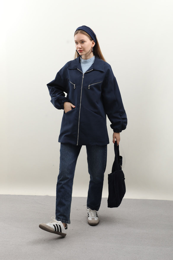 Kolu Büzgülü Kısa Trenç Lacivert - 6