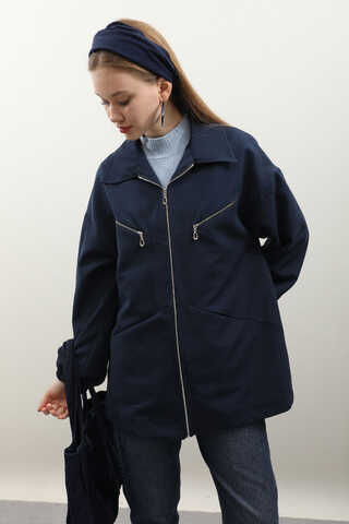 Kolu Büzgülü Kısa Trenç Lacivert - 1