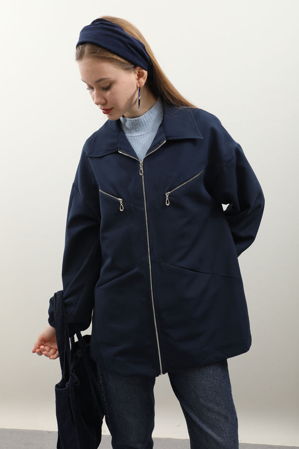 Kolu Büzgülü Kısa Trenç Lacivert - 1