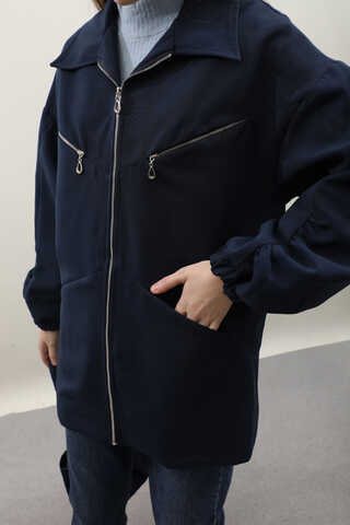 Kolu Büzgülü Kısa Trenç Lacivert - 7