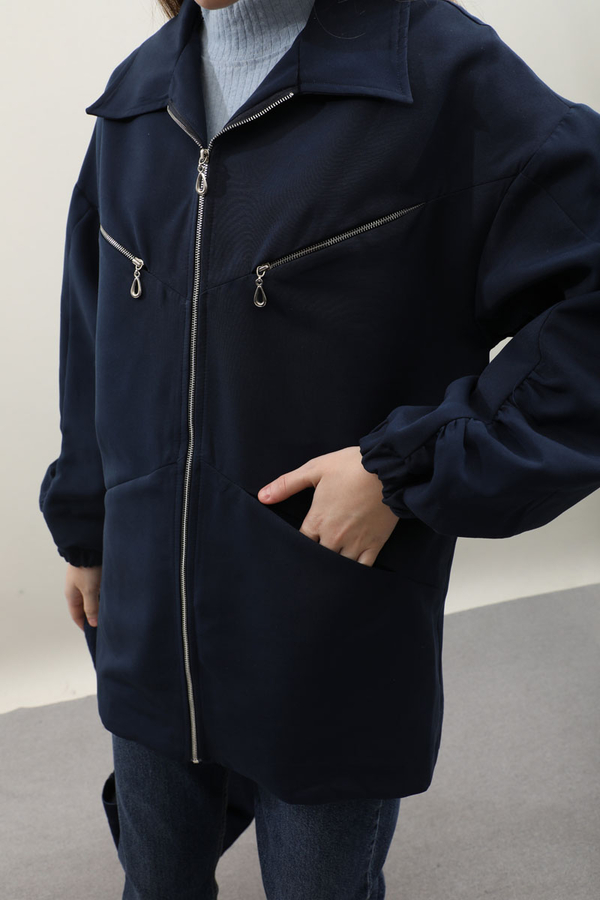 Kolu Büzgülü Kısa Trenç Lacivert - 7