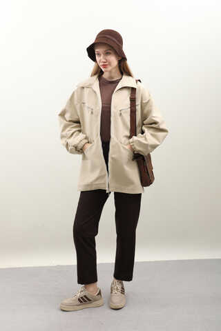 Kolu Büzgülü Kısa Trenç Taş - 3