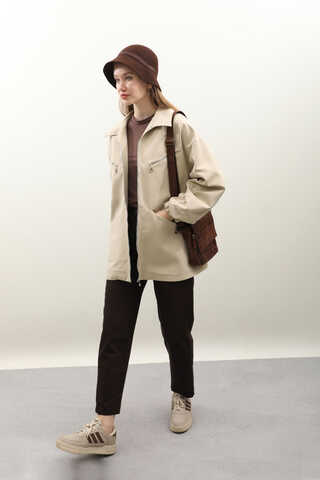 Kolu Büzgülü Kısa Trenç Taş - 1