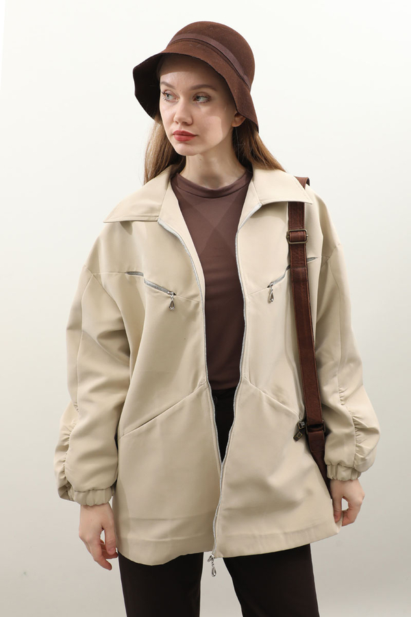 Kolu Büzgülü Kısa Trenç Taş - 4