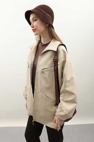 Kolu Büzgülü Kısa Trenç Taş - 5