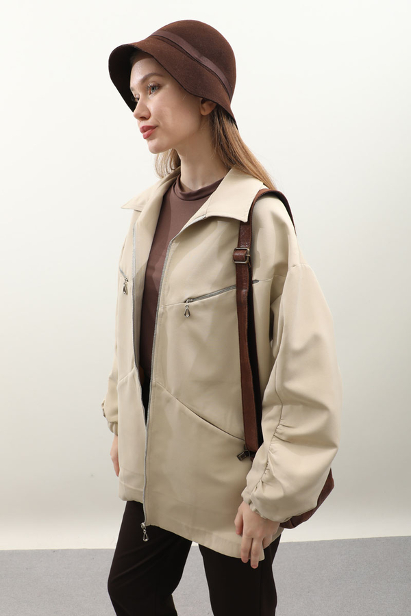 Kolu Büzgülü Kısa Trenç Taş - 5