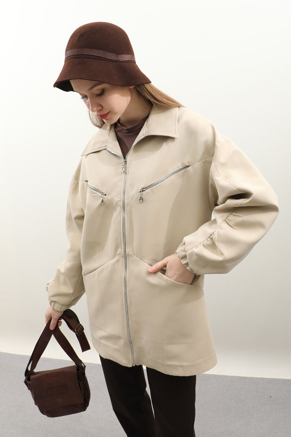 Kolu Büzgülü Kısa Trenç Taş - 6