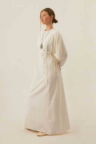 Kontrast Dikişli Keten Elbise Beyaz - 2