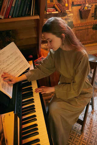 Kontrast Dikişli Keten Elbise Haki - 1