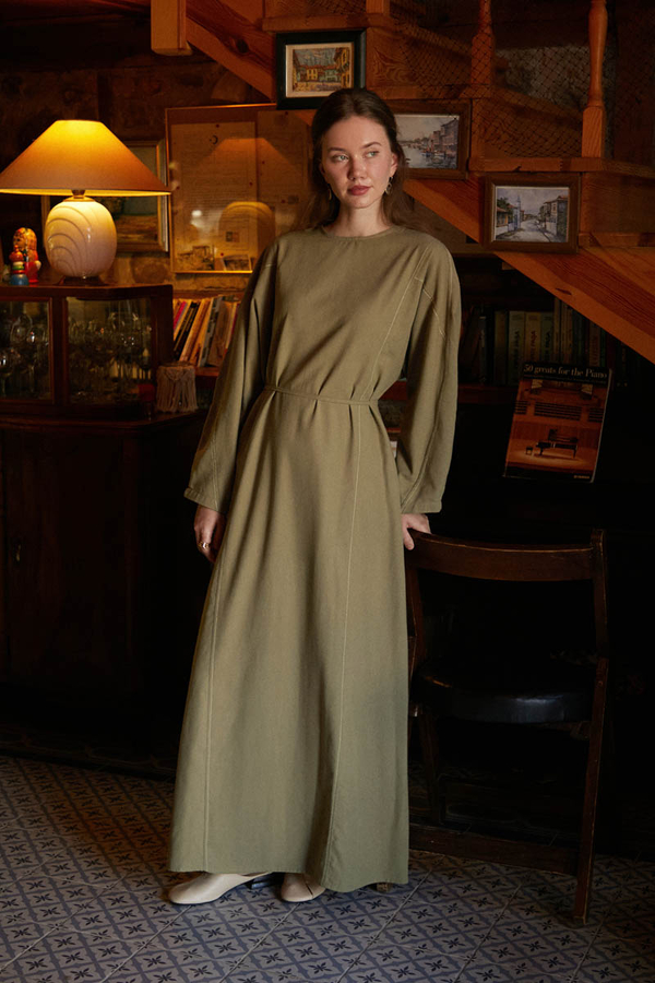 Kontrast Dikişli Keten Elbise Haki - 3