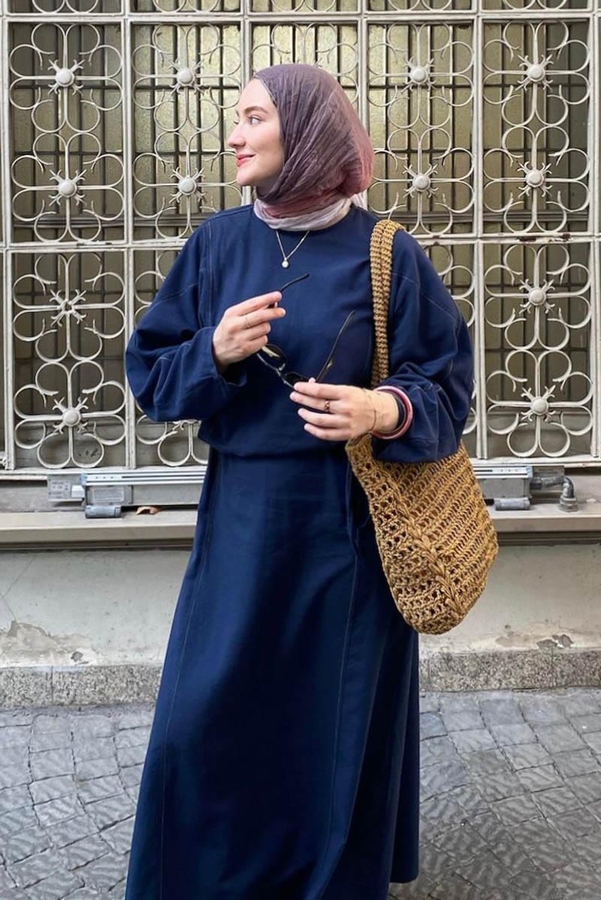 Kontrast Dikişli Keten Elbise Lacivert - 2