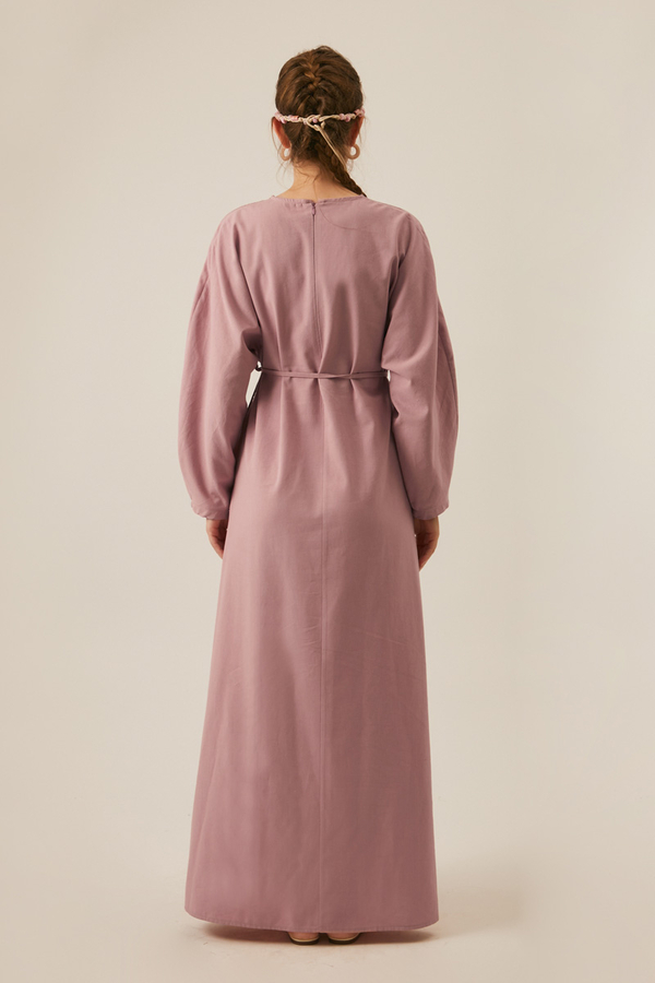 Contrast-Stitched Linen Dress Navy Blue - 10