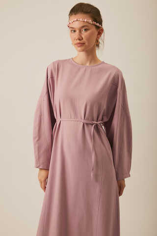 Contrast-Stitched Linen Dress Navy Blue - 5