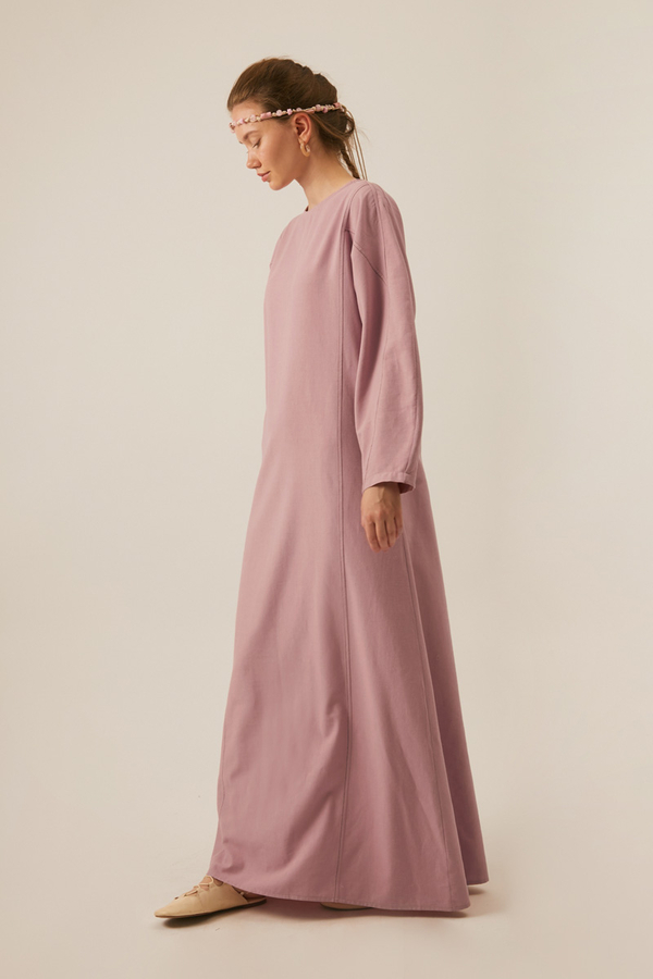 Contrast-Stitched Linen Dress Navy Blue - 7