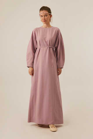 Contrast-Stitched Linen Dress Navy Blue - 4