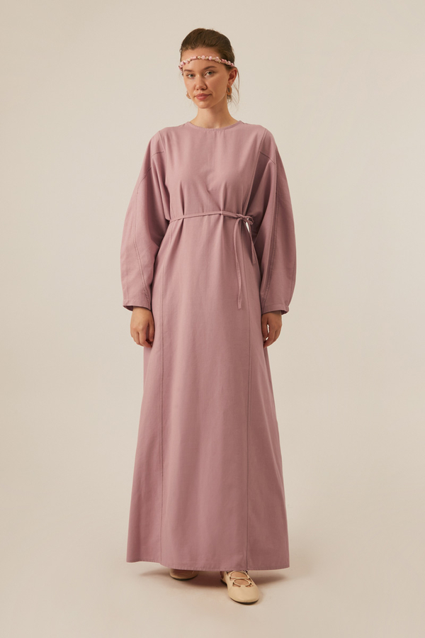 Contrast-Stitched Linen Dress Navy Blue - 4