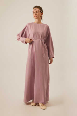 Contrast-Stitched Linen Dress Navy Blue - 8