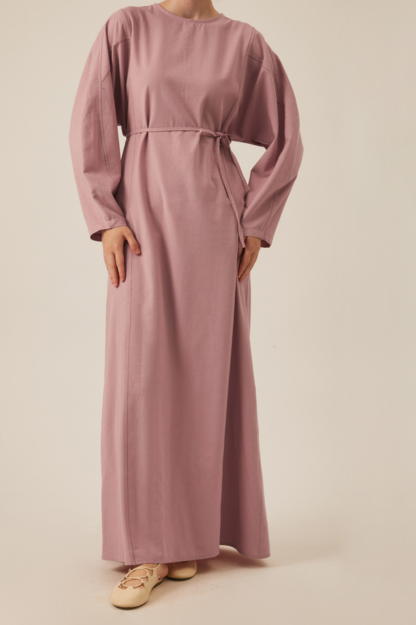 Contrast-Stitched Linen Dress Navy Blue - 9