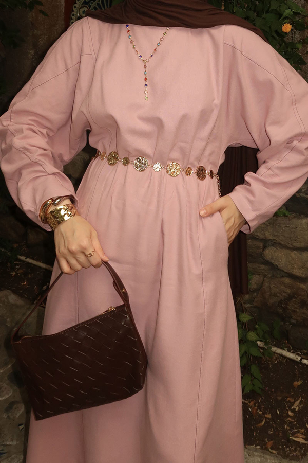 Contrast-Stitched Linen Dress Navy Blue - 1