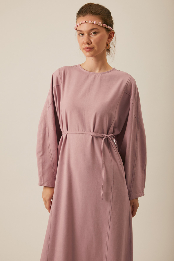 Contrast-Stitched Linen Dress Navy Blue - 5